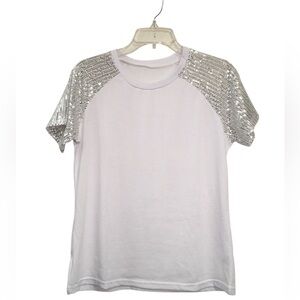 White Short Sleeve Tee with Silver Sequin Sleeves 🤍